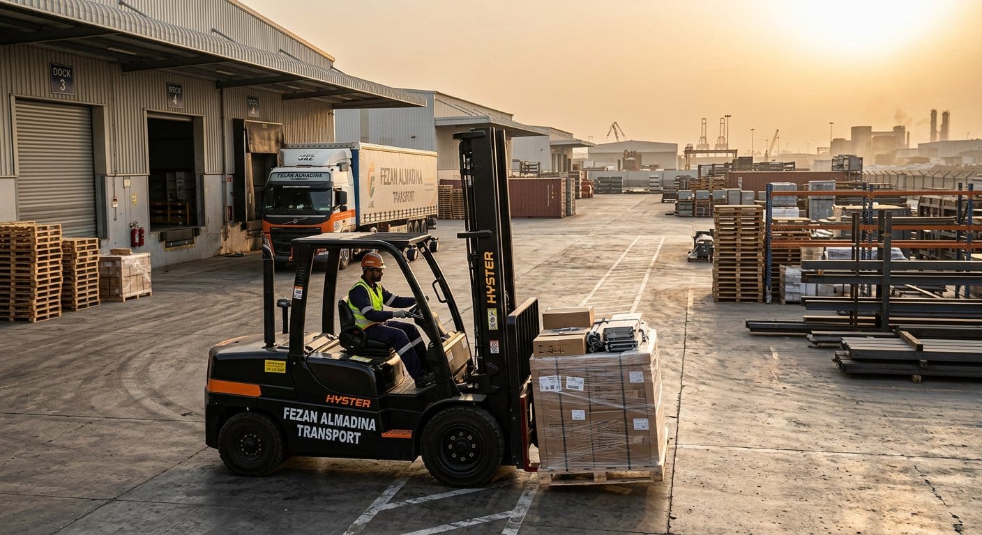 Forklift moving a loaded pallet at a warehouse yard