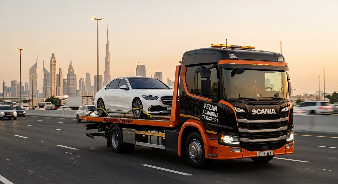 Flatbed carrier transporting a sedan on a UAE highway